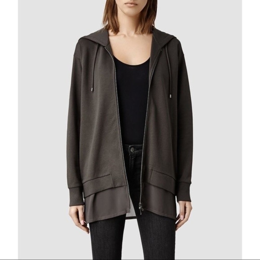 All Saints Petra Hoody Sweat Full Zip Sweatshirt in Dark Grey